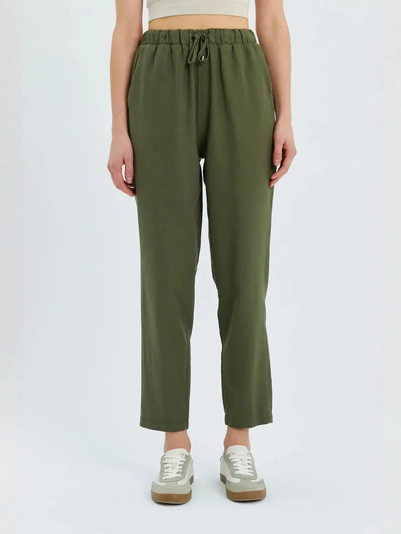 MixRay Khaki Green Mixray High Waist Pants with Drawstring for Women | Best Price UAE